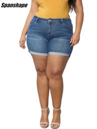 Kvinnors shorts heta shorts jeans kvinnor sommarblå grundläggande denim shorts hög midja krullade smala shorts stretchy jeans plus storlek 5xl ouc1043 y240420