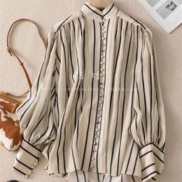 Women's Blouses Limiguyue French Lantern Sleeve Striped Shirt Women Summer Stand Collar Single Breast Tops Work Wear Silk Satin Z099