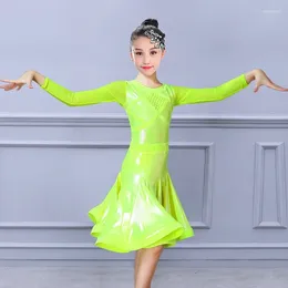 Stage Wear Girls Long Sleeved Latin Dance Dress Neon Patent-Leather Reflective Ballroom Clothes For Kids Costume