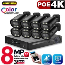 Lens Full Colour Night Vision 4K IP POE Camera System Kit Home Street Monitoring 2 Way Audio Camera 8CH 4K Face AI NVR Video Recorder