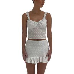 Women's Tanks Camis Xingqing Two Piece Set for Women Aesthetic White Slveless Ruffle Lace Tube Top and Mini Skirt Summer Outfits Party Strtwear Y240420