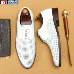 Dress Shoes White Men Hollow Genuine Leather Soft Business Casual Derby Summer Breathable Wedding Formal