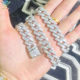 Hip Hop Men Jewellery 13mm Wide 2 Rows Vvs Moissanite Diamond Necklace S925 Solid Silver Cuban Link Chain