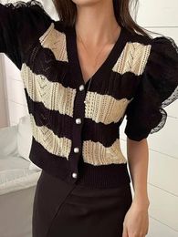 Women's Knits Fashion Sweater For Women V-neck Puff Sleeve Tunic Sueter Mujer Korean Knitwear Sweet Stripe Cardigan Y2k Top Pull Femme