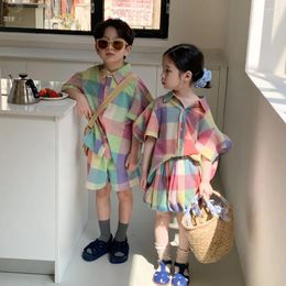 Clothing Sets Children's Set 2024 Summer Colourful Chequered Shirt Two Piece Boys And Girls Shorts For Brothers Sisters