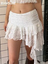 Skirts IAMSURE Vintage Lace Asymmetrical Skirts With Shorts Sexy Slim Mid-Waisted Mini Skirts Women 2024 Summer Fashion Strtwear Lady Y240420