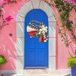 Decorative Flowers Porch Door Decor Fabric Wreath Patriotic American Flag For Independence Day Holiday Artificial Balcony
