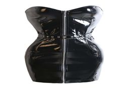 Sexy Black PVC Leather Corset Dress Overbust Bodycon Bandage Mini Dress Gotic Punk Zipper Belted Front Women Night Clubwear1821346