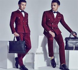 Wine Red Men Suit Double Breasted Custome Homme 2 PiecesJacketPantsBow tie Wedding Prom Slim Fit Blazer Suits For Men6043216