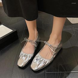 Casual Shoes Women Flat Genuine Leather Sheepskin Comfort Flats Slip On Silver Beige Simple Spring Autumn Soft Loafers Square Toe