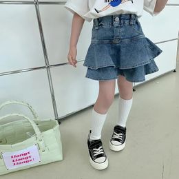 Children Clothing Girls Skirt Korean Style Sweet Cool Girl Denim Pleated Short Skirt 2024 Spring Summer Fake Two Piece Skirt 240428