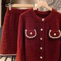 Work Dresses Neploe Christmas Red Two Piece Sets Autumn O-neck Long Sleeve Knitted Sweaters Y2k High Waist Bodycon Skirts Women