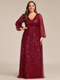 Party Dresses Plus Size Evening V-neck Long Sleeve Legant Waisted Floor-Length 2024 BAZIIINGAAA Of Sequin Burgundy Guest Dress