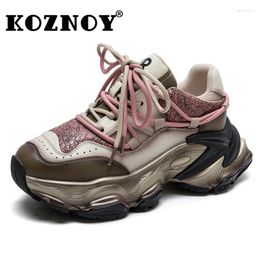 Casual Shoes Koznoy 6cm Air Mesh Genuine Leather Mixed Color Ankle Boots Flats Booties Autumn Women Chunky Sneaker Comfy Spring Summer