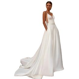 Elegant Long Satin V-Neck Wedding Dresses With Pockets A-Line Ivory Spaghetti Straps Sweep Train Bridal Gowns With Bow Vestido de novia Women Dresses