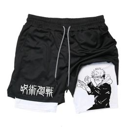 Itadori Yuji 2 in 1 Compression Shorts for Men Anime Jujutsu Kaisen Performance Basketball Sports Gym with Pockets 240408