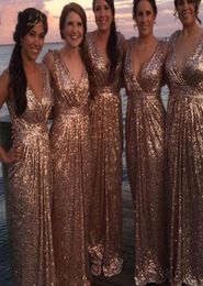 Shiny Sequined V Neck Rose Gold Long Bridesmaid Dresses 2020 Bridal Group Wedding Party Dress Women Glitter Sparkle Guest Wedding 4883233