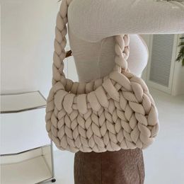 Evening Bags Vintage Women Canvas Shoulder Shopping Bag Korean Wool Knitted Woven Crossbody For Woman 2024 Female Handbags Shopper