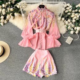 Women's Tracksuits Light Luxury Socialite Shorts Two Piece Set Women 2024 Summer Flower Belt Flare Sleeve Shirt And Vintage Wide Leg Outfits