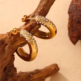 Hoop Earrings Stainless Steel Stud For Women Gold Plated Inlaid Zircoon Waterproof Minimalist Style C Shape Women's Earring Earcuffs