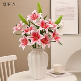 Decorative Flowers 4 Heads Hand Feel Lily Artificial Flower Living Room Table Vase Home Decor Wedding Floral Arrangement Material Christmas