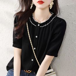 Women's Blouses Summer Casual Fashion Patchwork Ruffles Shirt Female Short Sleeve Black Buttons Elegant Cardigan Blouse Top Clothing