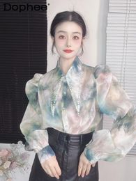 Women's Blouses Korean-Style Bubble Sleeve Floral Shirt Women 2024 Spring Retro Pointed Collar Rhinestone Beaded All-Matching Long Top