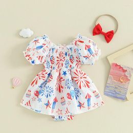 Rompers Lovely Summer Baby Girls Romper Dress Cute Star Balloon Print Short Puff Sleeve Shirred Jumpsuit With Bow Headband For Born