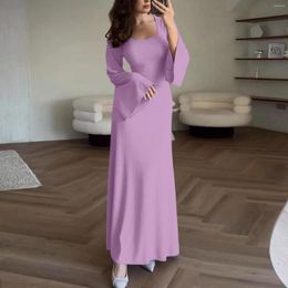 Casual Dresses Women'S Elegant Tie-Waist Knitted Dress Horn Sleeve Maxi For Women U Neck Solid Colour Long Ribbed Bodycon Fall