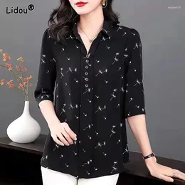 Women's Blouses Printing Turn-down Collar Straight Pullovers Spring Summer Thin Button Casual Clothing 2024 Intellectual Simple