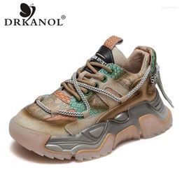 Casual Shoes DRKANOL Women Sneakers 2024 Mixed Colours Thick Soled Round Toe Lace-Up Genuine Leather Daddy