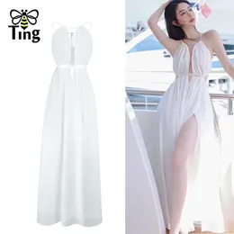 Casual Dresses Tingfly Summer Fashion White Solid Colour Hollow Out Sexy Slit Long Dress Women Sundresses Beach Style Vacation Holiday