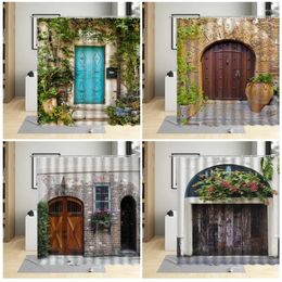 Shower Curtains Vintage Wooden Door Curtain Town Flower Street View Green Plants Scenery Stone Wall Bathroom Polyester Cloth Set