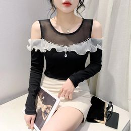 Women's T Shirts 2024 Spring Summer European Clothes Ruffles T-Shirt Off Shoulder Patchwork Sexy Diamonds Women Tops Long Sleeve Tees 42003