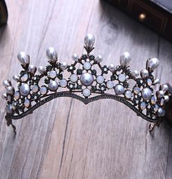 Baroque Vintage Crystal Pearl Bridal Tiaras Hairband Headpiece Black Rhinestone Princess Pageant Crown Wedding Hair Accessories Y21504422