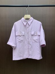 Women's T Shirts Short Sleeve Shirt POLO Collar Linen Bead Chain Top