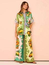 Women Holiday Hawaii Printed Suit Short Sleeve Shirt Blouse Top Loose Long Pants 2 Piece Set Summer Beach Casual Outfits 240419