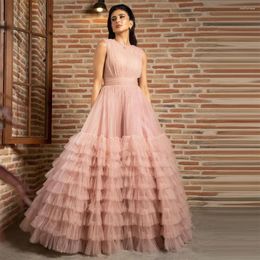 Party Dresses Xijun Pink Tiered Ruffles Tulle Evening O-Neck A-Line Pleat Ruched Saudi Arabic Prom Dress Formal Gowns