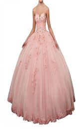 2019 Latest Pink Quinceanera Dress Sweetheart Lace Crystals Beading Tulle 16 Years Girl Party Vestidos Ball Gown Corset Back7629458