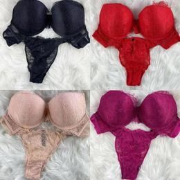 Bras Sets Lace Pink Sexy Women Underwear Set Rhinestone Letter Comfort Push Up Panties Brand Plus Size Bra Brief Suit Seamless Lingerie