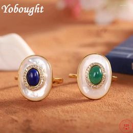 Cluster Rings S925 Sterling Silver For Women Fashion Contrast Coloured White Shell Lapis Lazuli Chalcedony Micro Zircon