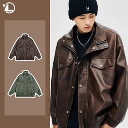 Men's Jackets Mens Standing Collar PU Leather Jacket 2024 Motorcycle Street Trend Couple Coat Retro Letter Print Loose Bomber Outwear