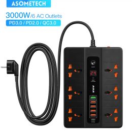 Plugs 3000w 6 Outlet Power Strip Surge Protector Multiprise Smart Home 2 Metre Extension Electrical Socket with Pd3.0 Qc3.0 6 Usb Port