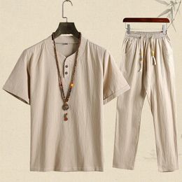 Summer Fashion Men Shirts Trousers Set Cotton And Linen Shirts Short Sleeve Mens Casual Top Pants Men Outfit S-3XL240416