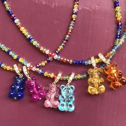 Pendant Necklaces Trendy Cute Gummy Bear Zircon Pendant Beaded Necklace for Women Imitation Pearls Colorful Glass Beads Choker Necklace Jewelry Y240420