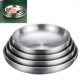 Plates Stainless Steel Double Layer Anti Round Dinner Plate Dessert Feeding Serving Dishware Camping Salad Tableware