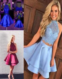Cute Royal Blue Satin Short Homecoming Dresses 2020 Sleeveless Lace Mini Little Prom Dress Backless Cocktail Party Graduation Dres8961815