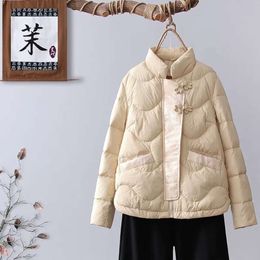Small Mom Ethnic Style Button Down Coat Womens Winter Stand Up Neck Fashion White Duck Warm Trendy {category}