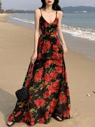 Casual Dresses Summer Sleeveless Rose Floral Print Sexy Backless Dress For Women Boho Beach Hollow Out Sundress Ladies Sweet Elegant Retro