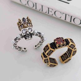 Personalized Heavy Industry Set Zirconia Crown Skull Head Ring Hip Hop Punk Fashion Cool Men and Women Open Finger Ring